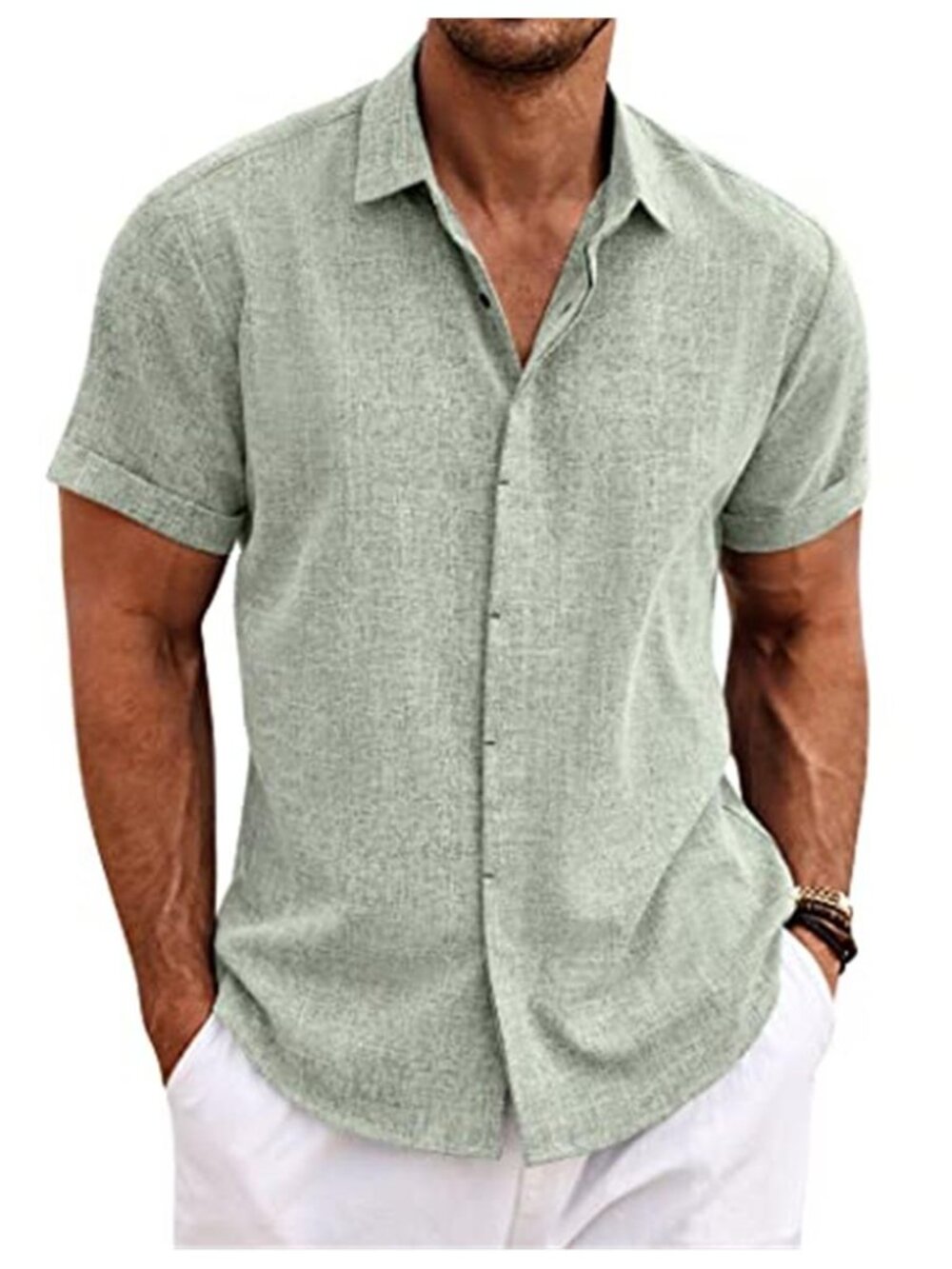 Mens Linen Button Down Shirt Short Sleeve Beach Summer Casual Lightweight
